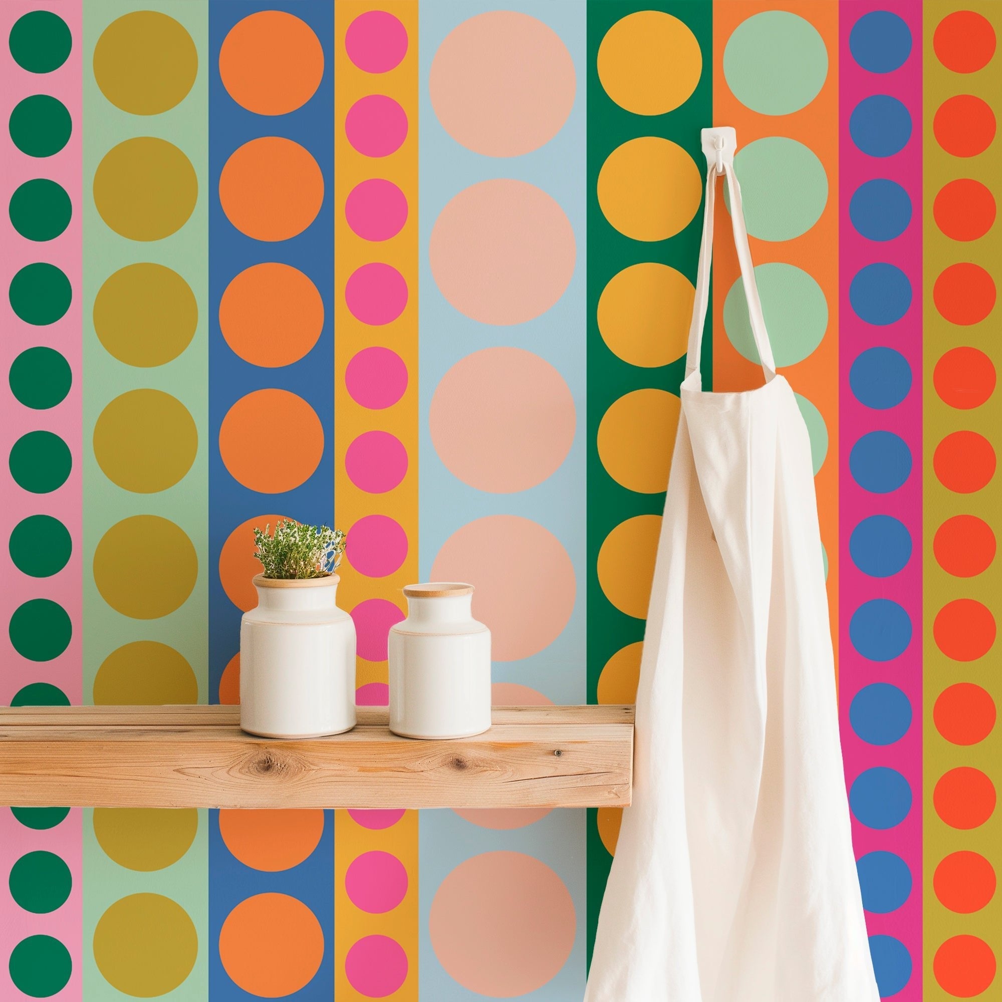 Penny striped wallpaper shown on a wall in a kitchen setting
