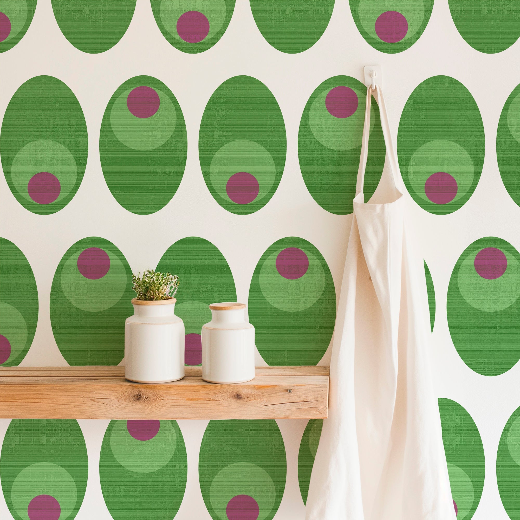 Texture wallpaper in the Olive You pattern shown on a wall in a kitchen setting