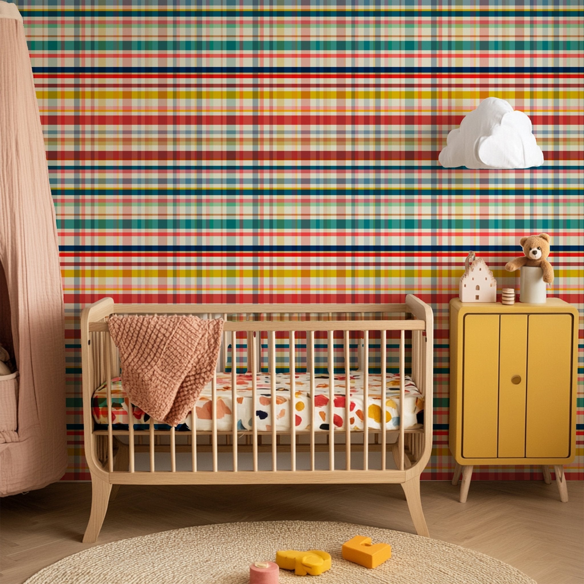 boy scout plaid wallpaper in a modern colorful nursery