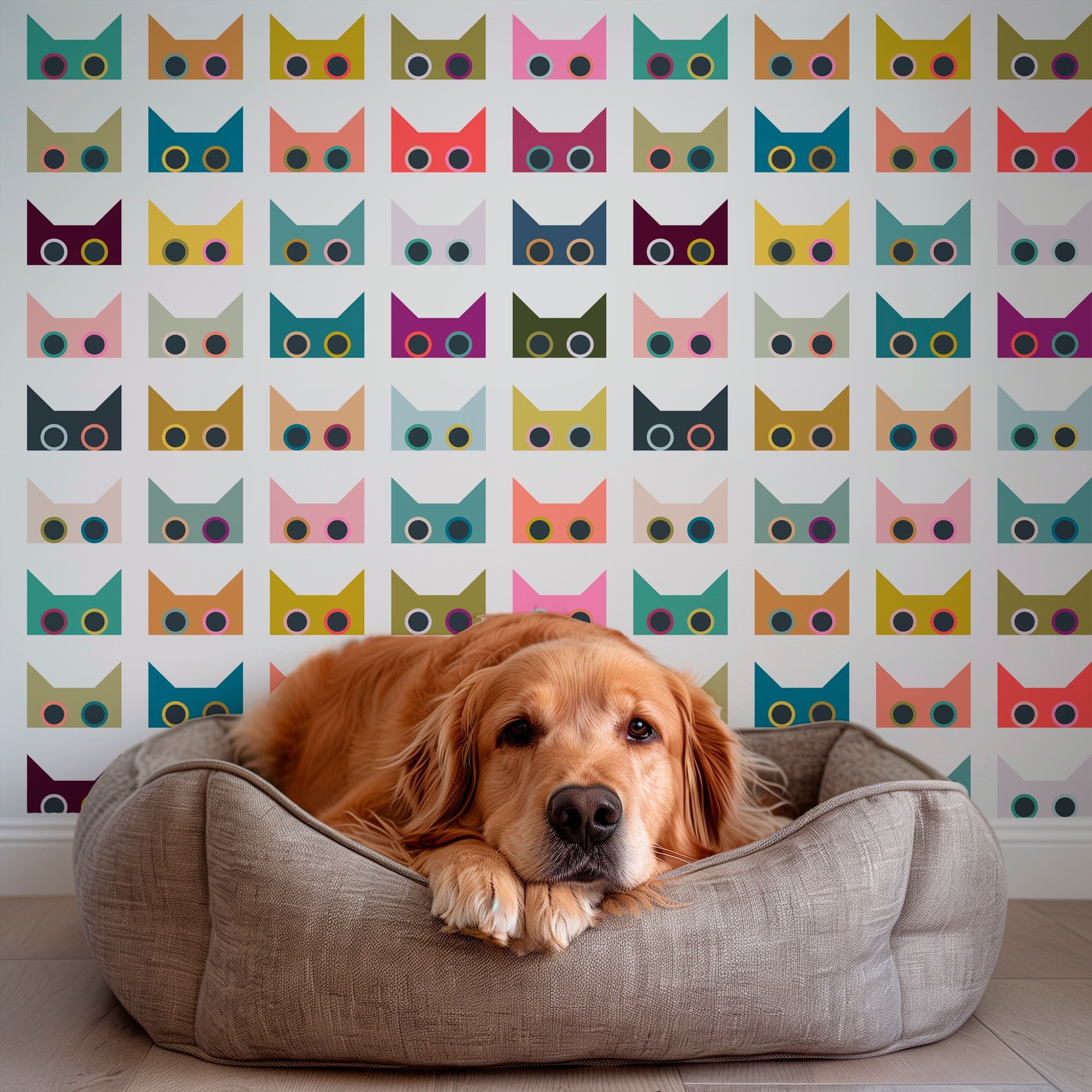 modern cat wallpaper on a wall behind a golden retriever resting in a dog bed