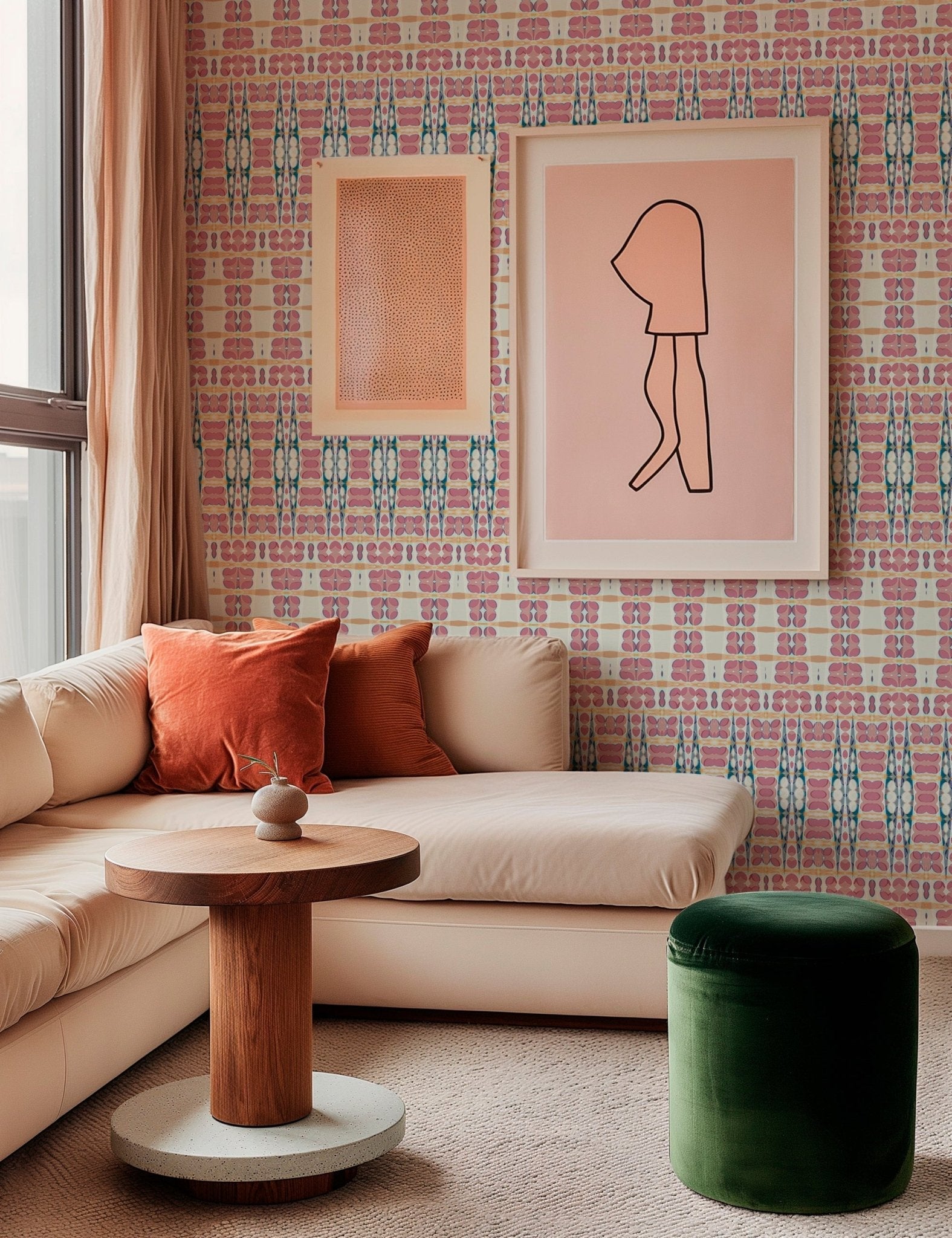 sari-inspired abstract wallpaper shown in a living room setting