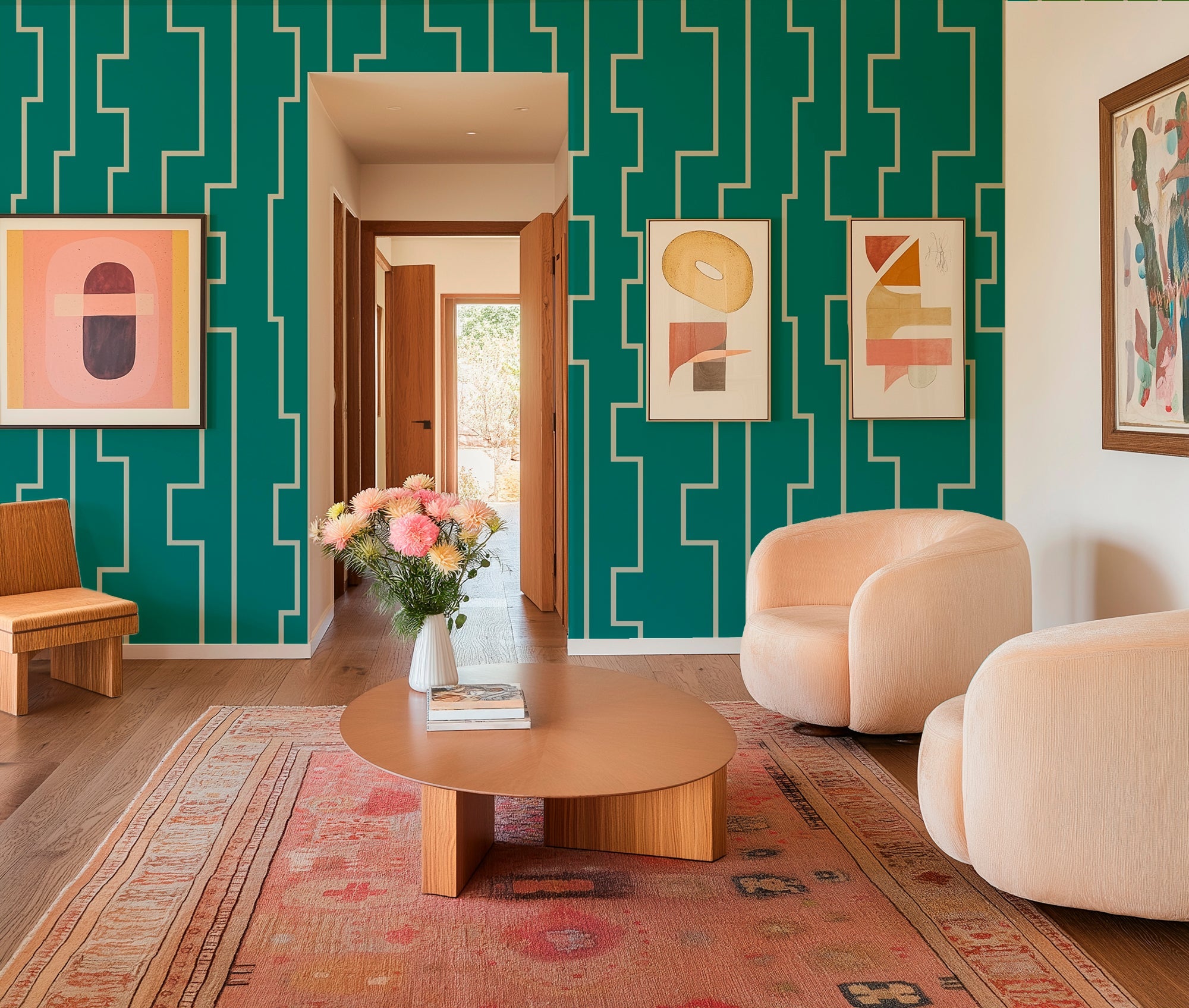 abstract stripe turquoise wallpaper in a chic modern living room