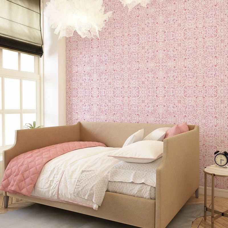 Poppies pink wallpaper in an elegant french-inspired bedroom
