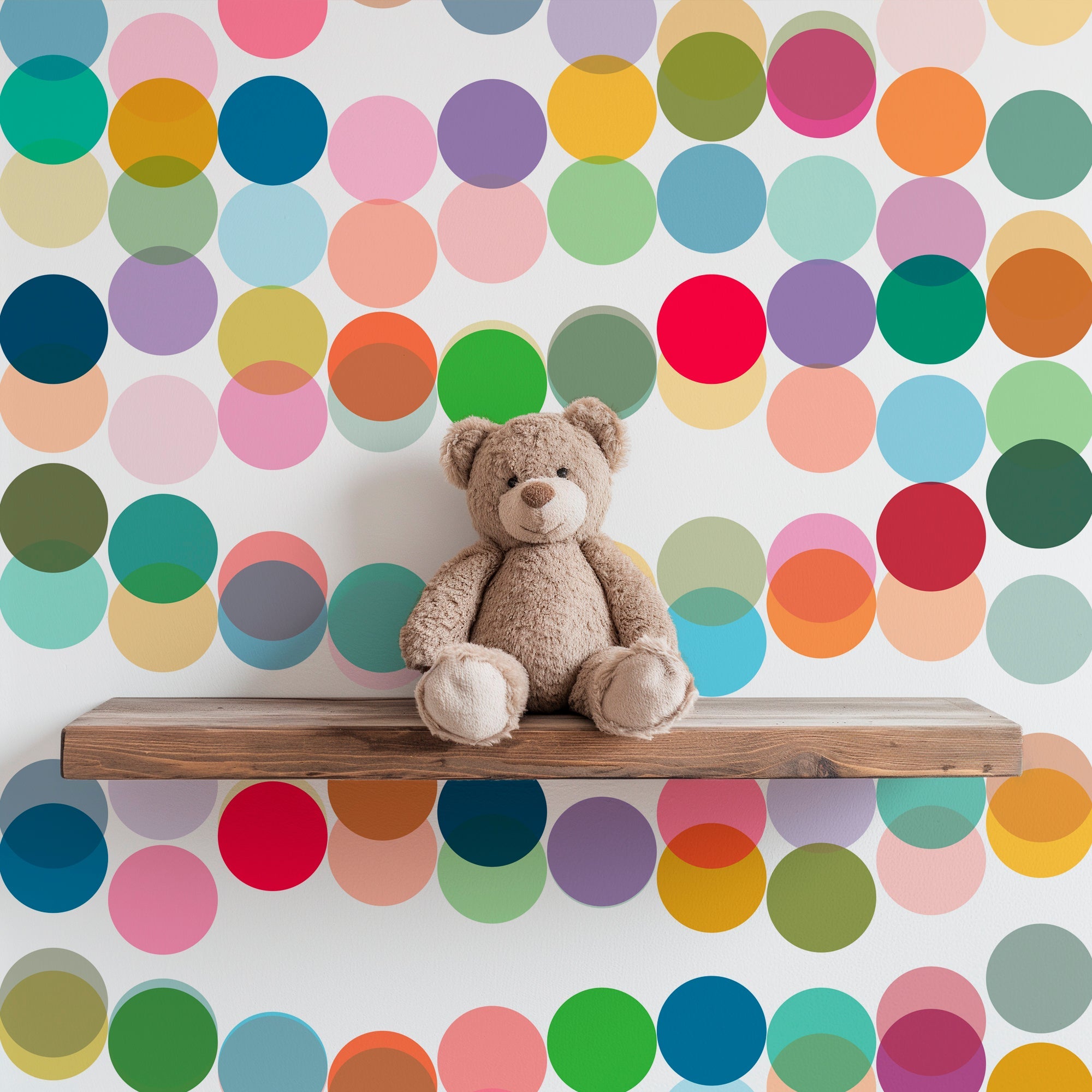 polka dot wallpaper in a kid's room with a wood shelf and teddy bear
