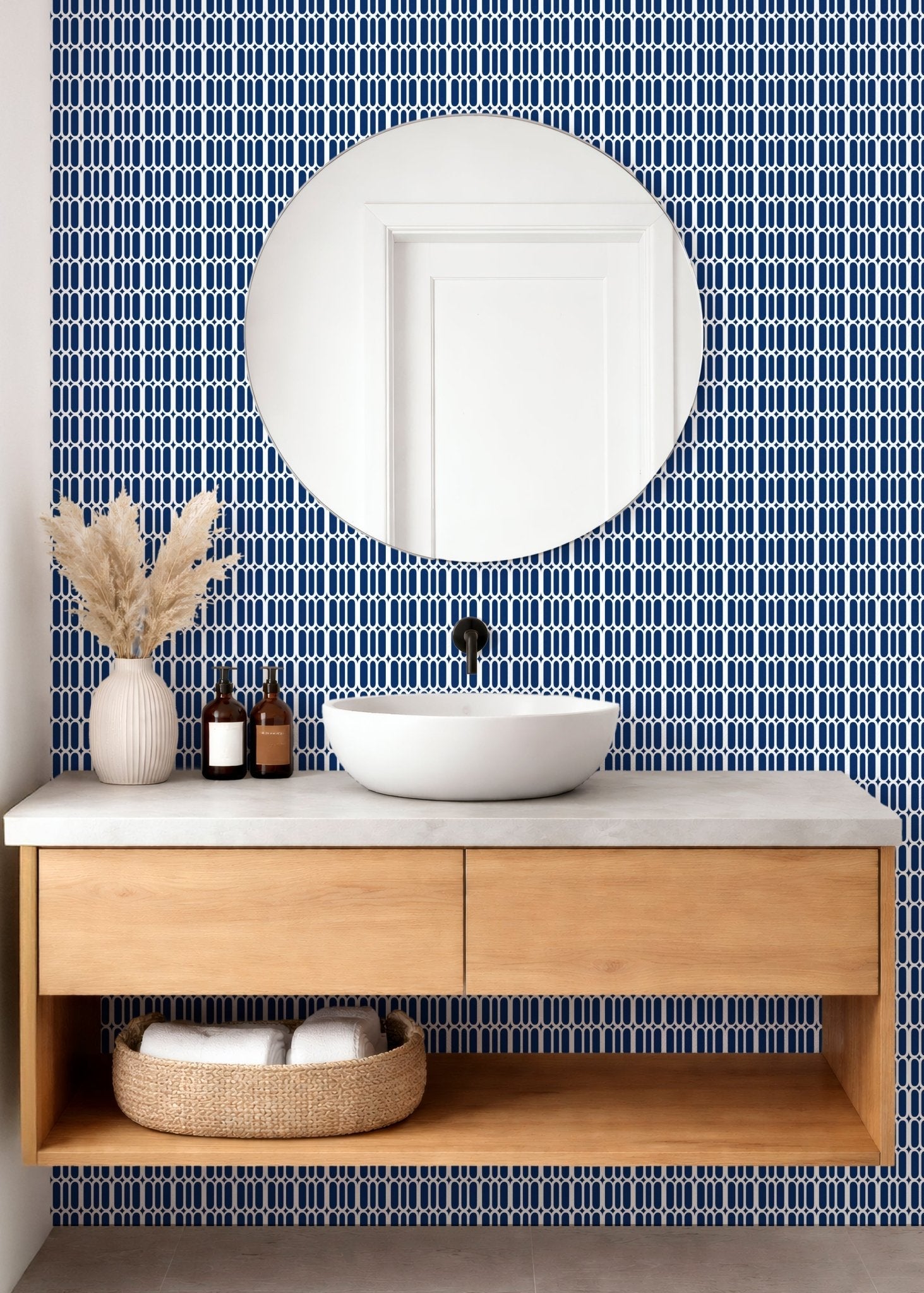 eclaire modern wallpaper in blue and white in a modern bathroom with wood vanity