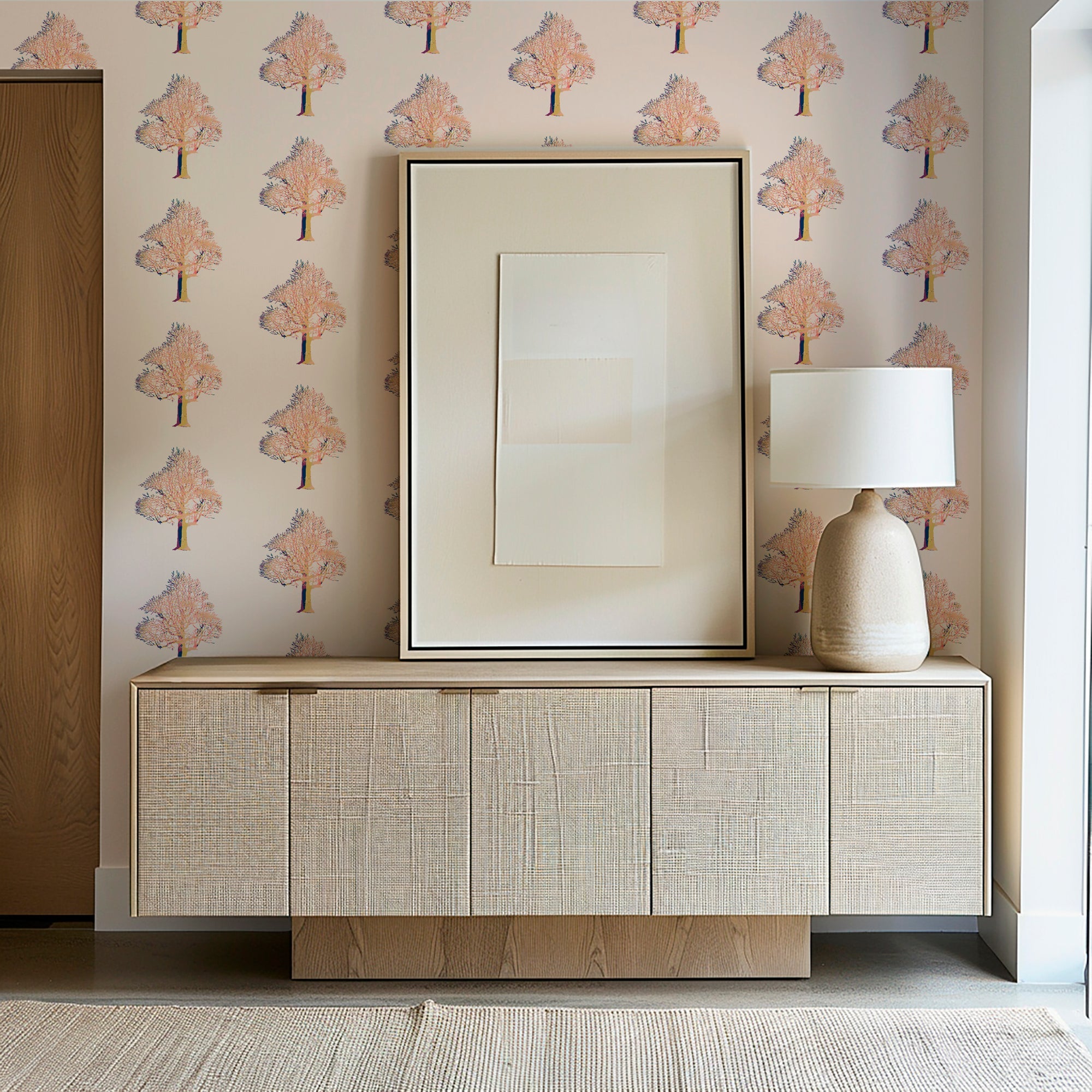 vintage chinoiserie wallpaper with trees in a modern entryway