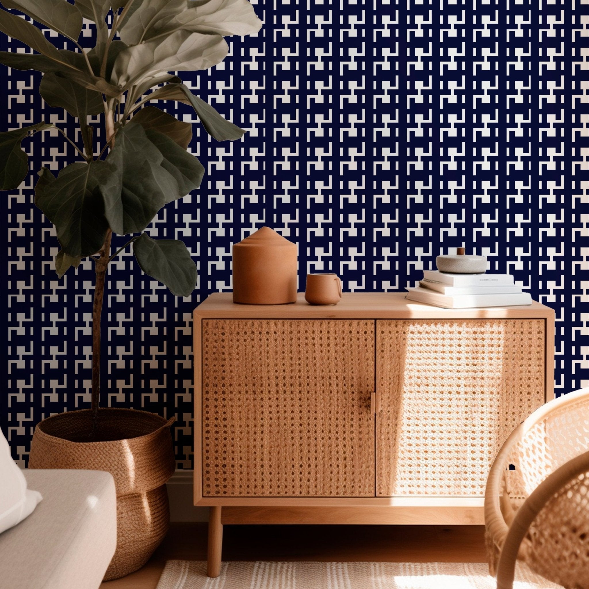 houndstooth wallpaper in navy and white shown in a modern family room setting