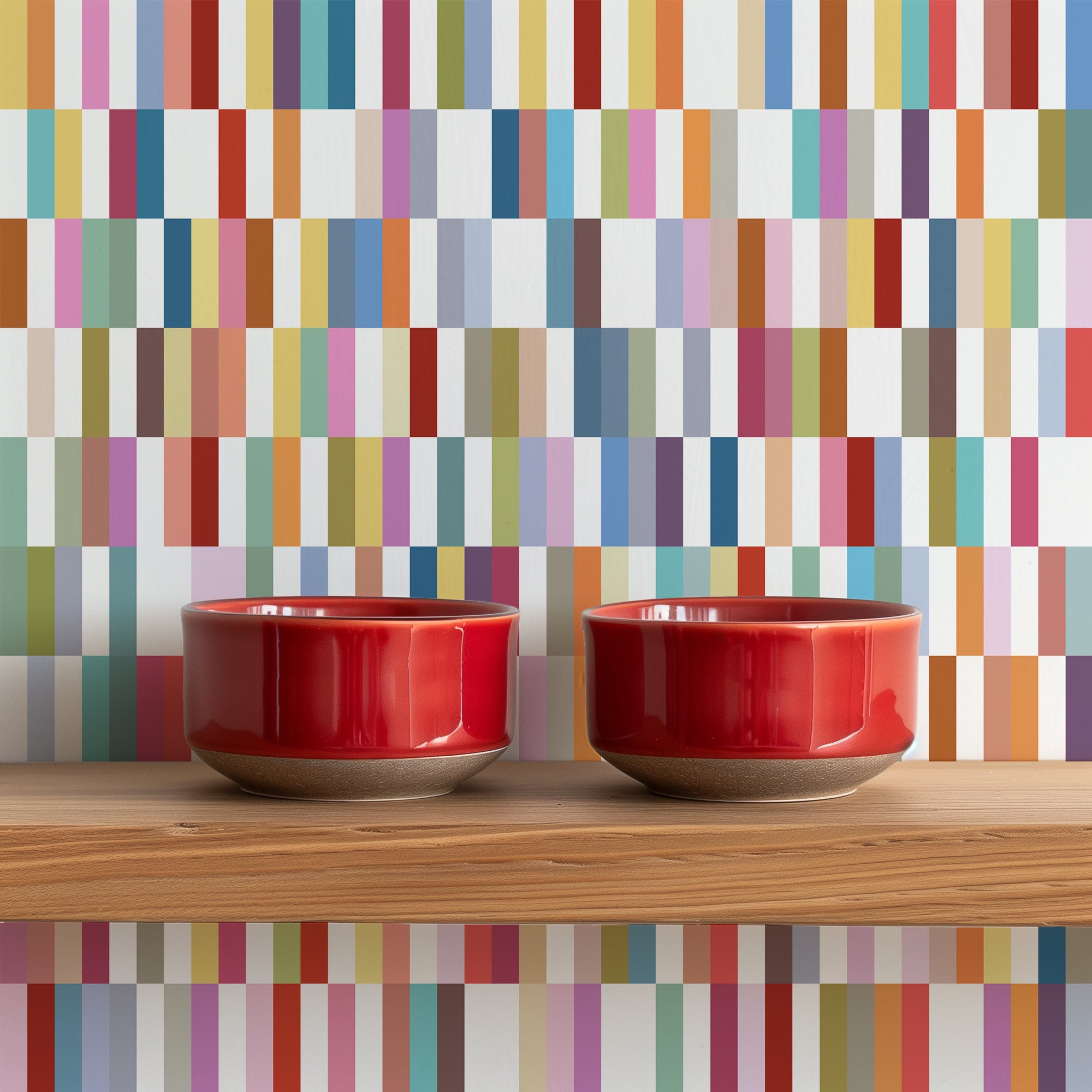 multicolor fiddlestix wallpaper on a kitchen wall behind a wood shelf holding two red bowls