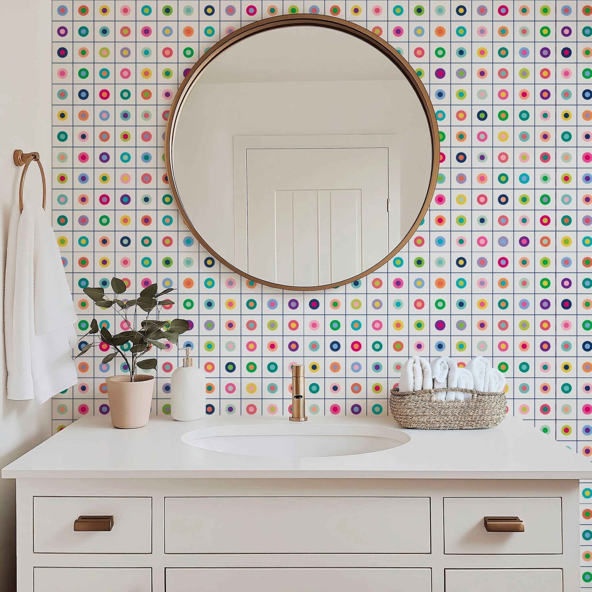 Pop art polka dot minimalist wallpaper shown in a white modern bathroom