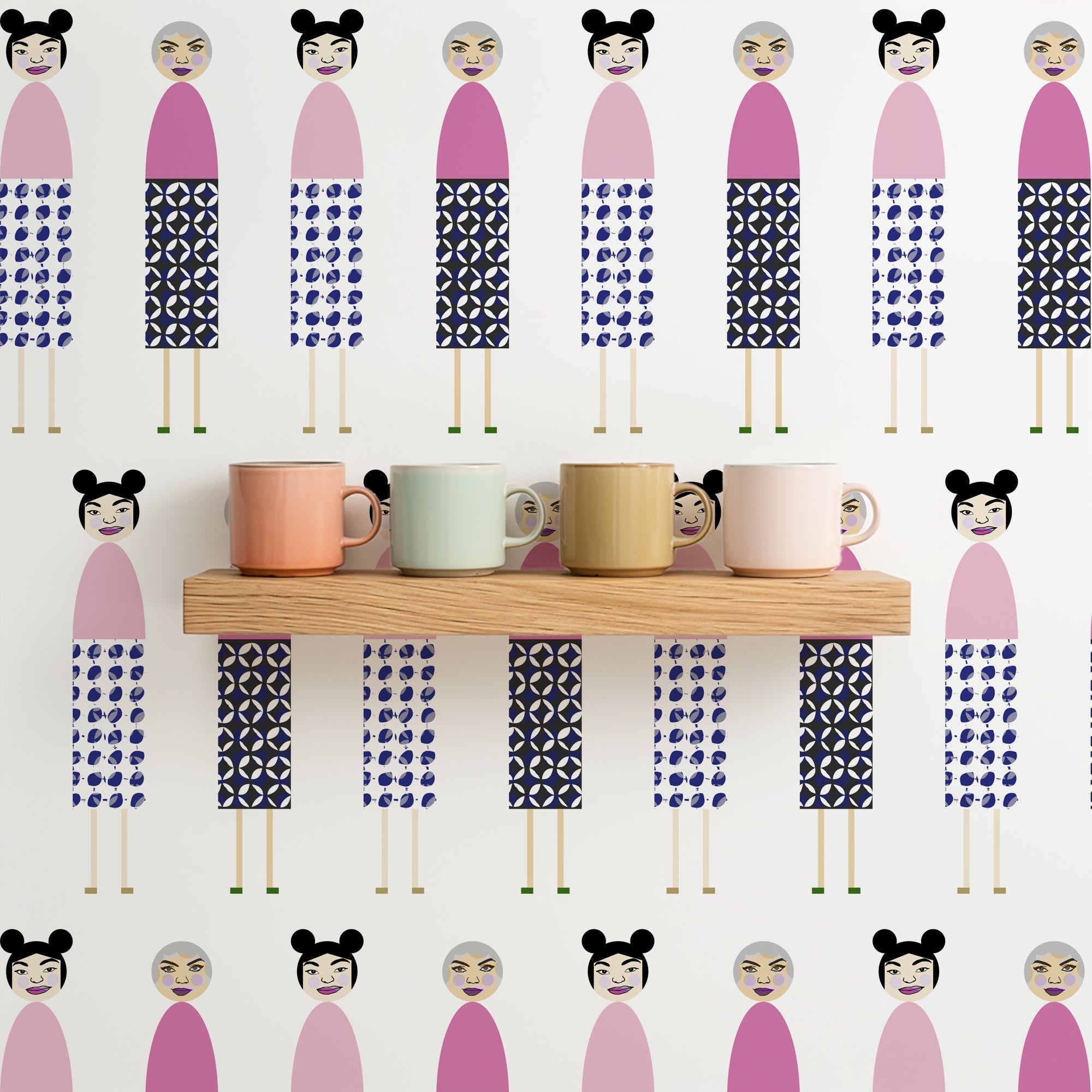 Figurative Mahjong ladies wallpaper on a wall behind a shelf that is holding colorful coffee mugs