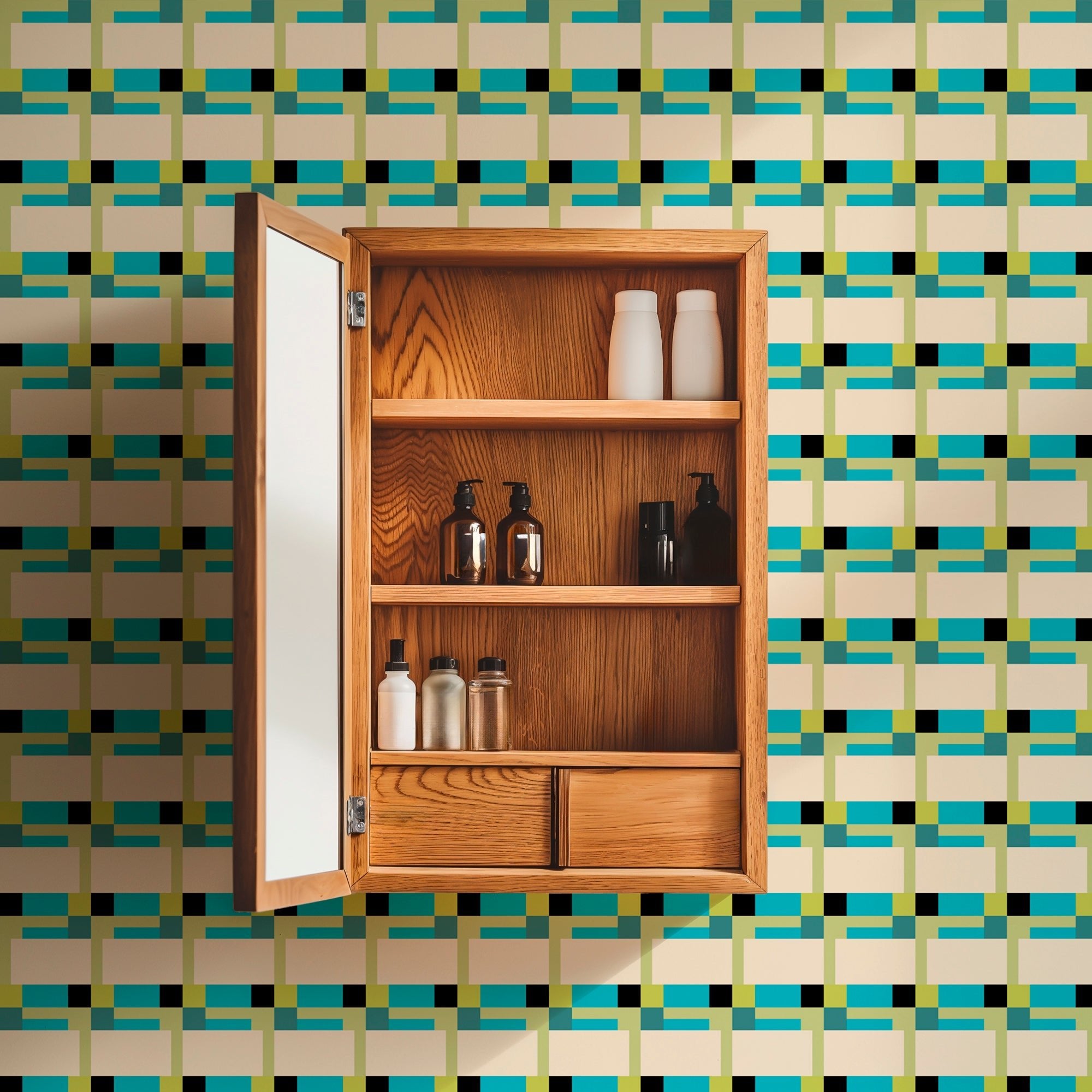 Green modern fifty wallpaper on a bathroom wall behind a wood medicine cabinet