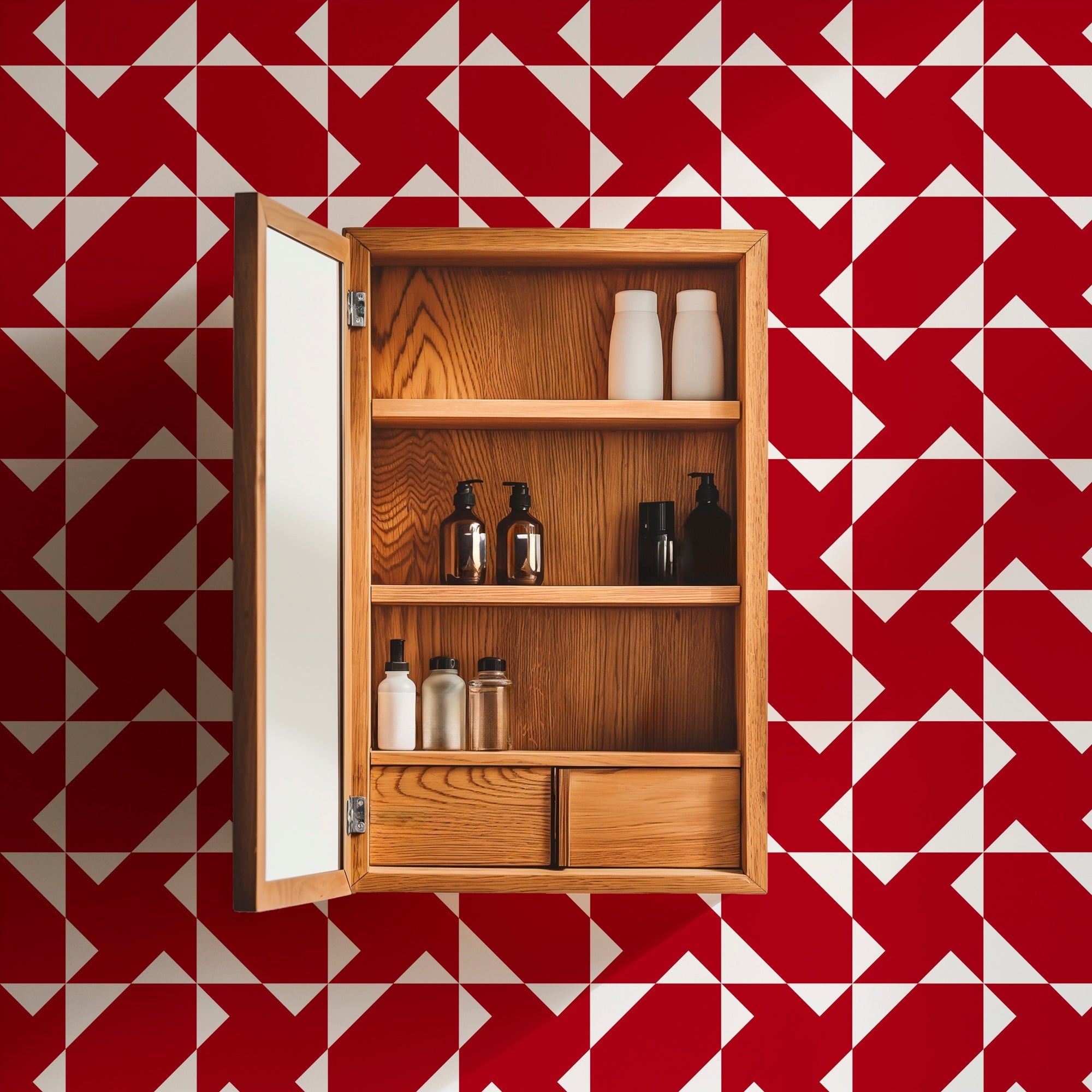 chasing charlie red geometric wallpaper on a wall behind an antique oak medicine chest