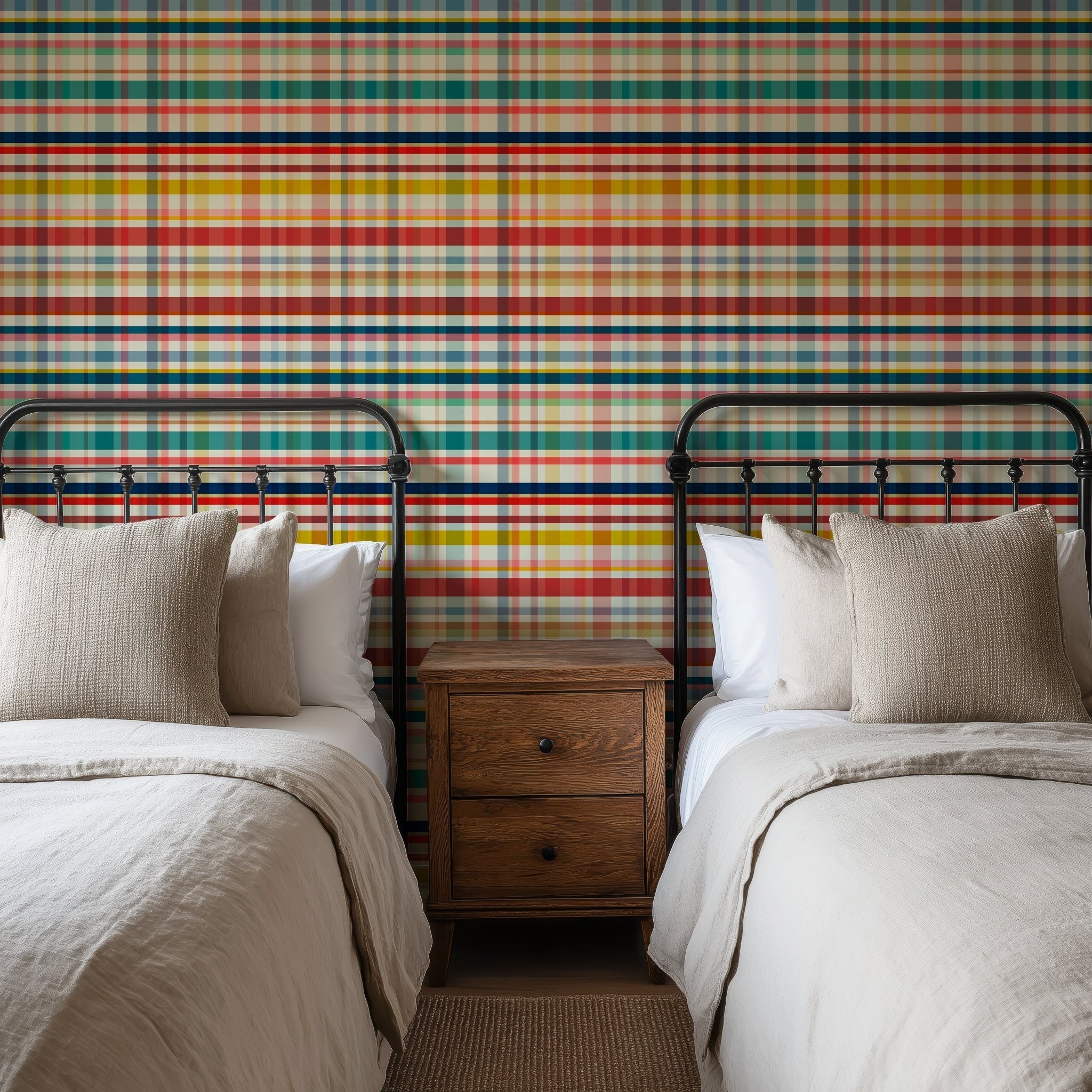 boy scout plaid rustic wallpaper shown in a bedroom with two twin iron beds