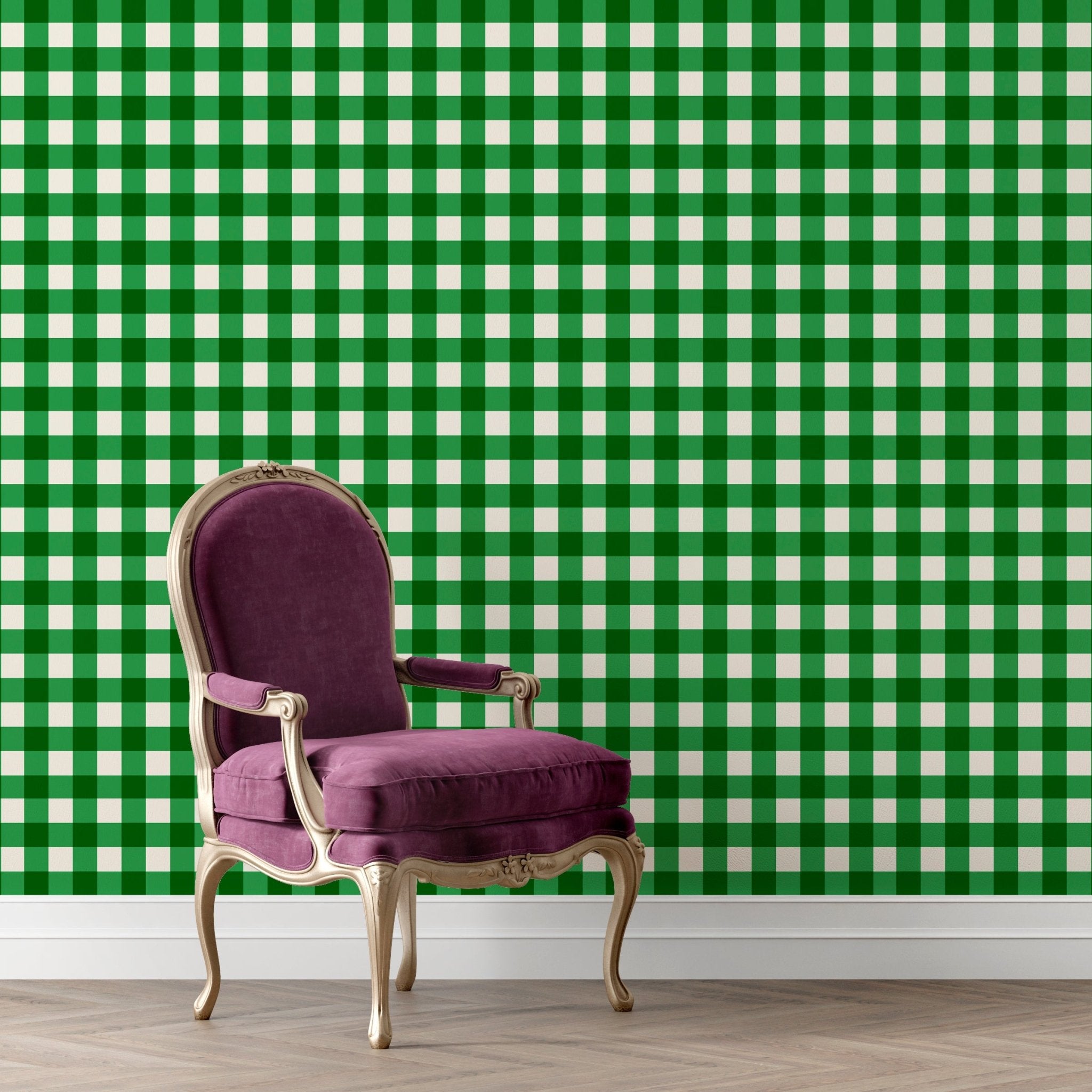 Purple armchair against a green and white checkered wall