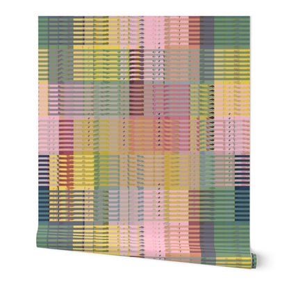 Queenslander Retro Plaid Wallpaper | Pink, Sage &amp; Yellow Woven Grid