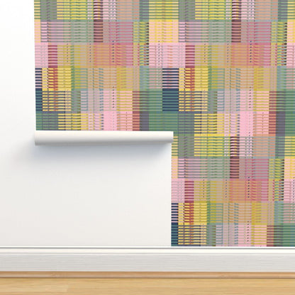 Queenslander Retro Plaid Wallpaper | Pink, Sage &amp; Yellow Woven Grid