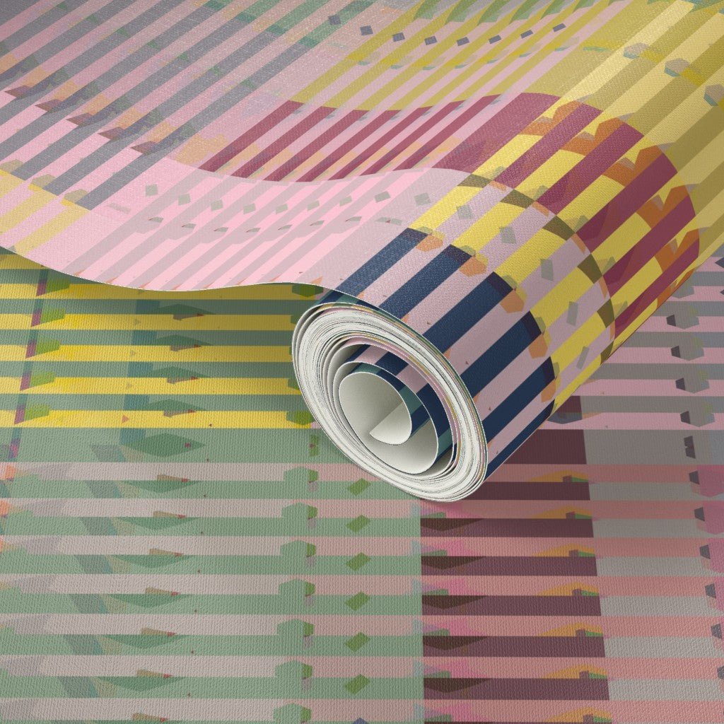 Queenslander Retro Plaid Wallpaper | Pink, Sage &amp; Yellow Woven Grid