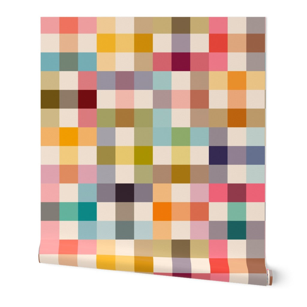 Partially unrolled panel of Jellybean colorful grid wallpaper