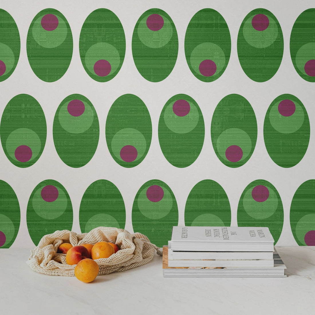 Olive You Cheeky Cocktail Wallpaper for Mid Century Modern Kitsch - Wallpaper | Victoria Bright Home - Colorful Modern Wallpaper For Your Home - - dining,green,kitchen,mid century,modern,pink,texture