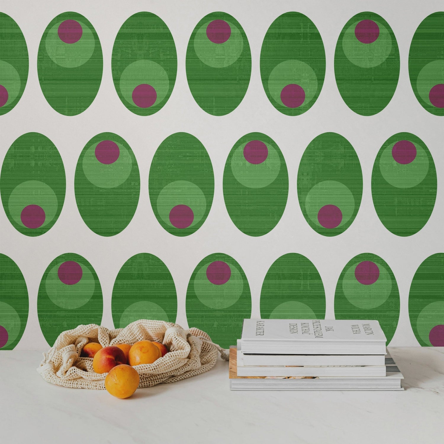Olive You Cheeky Cocktail Wallpaper for Mid Century Modern Kitsch - Wallpaper | Victoria Bright Home - Colorful Modern Wallpaper For Your Home - - dining,green,kitchen,mid century,modern,pink,texture