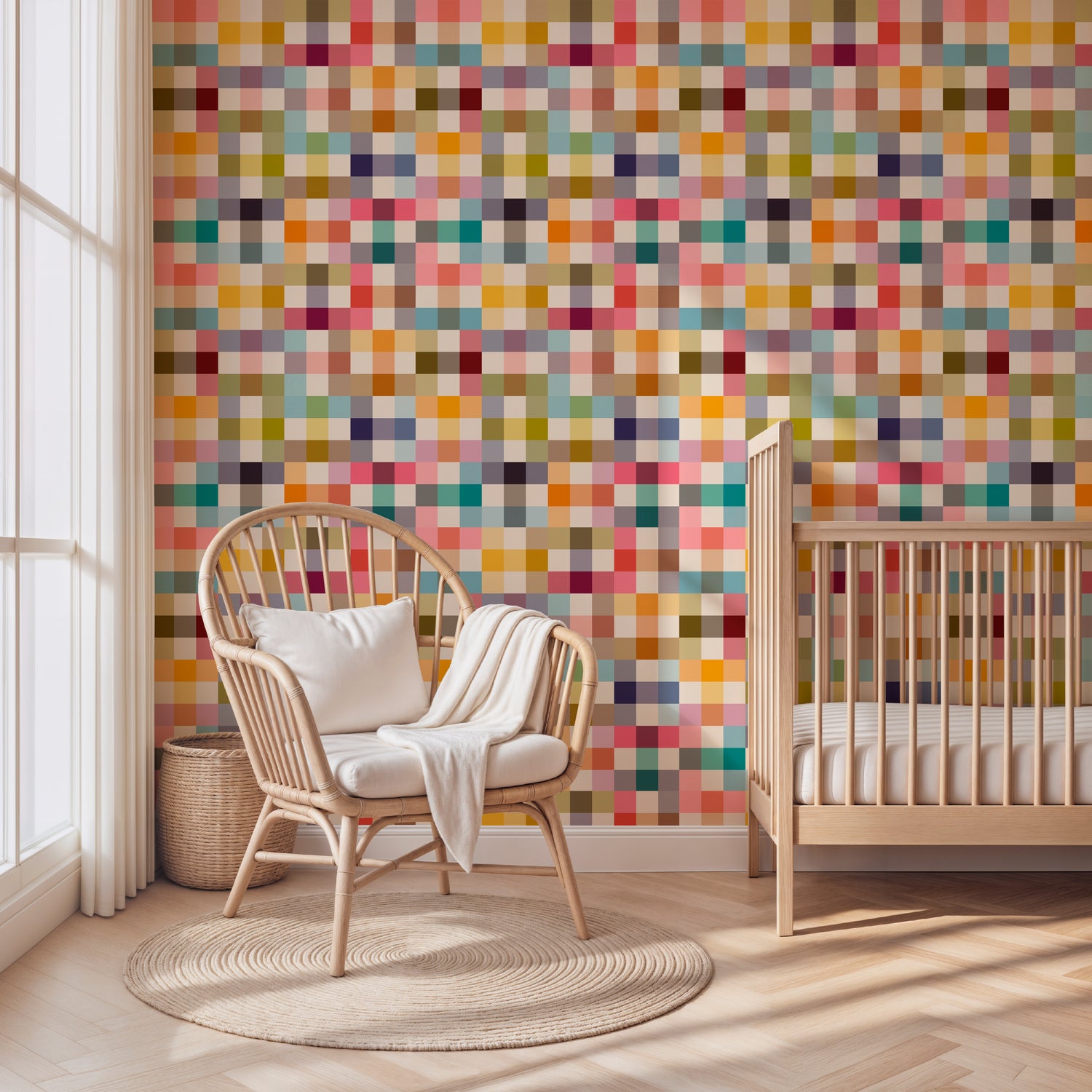 Jellybean colorful grid wallpaper in a Scandinavian simple nursery with a wooden chair and wooden crib.