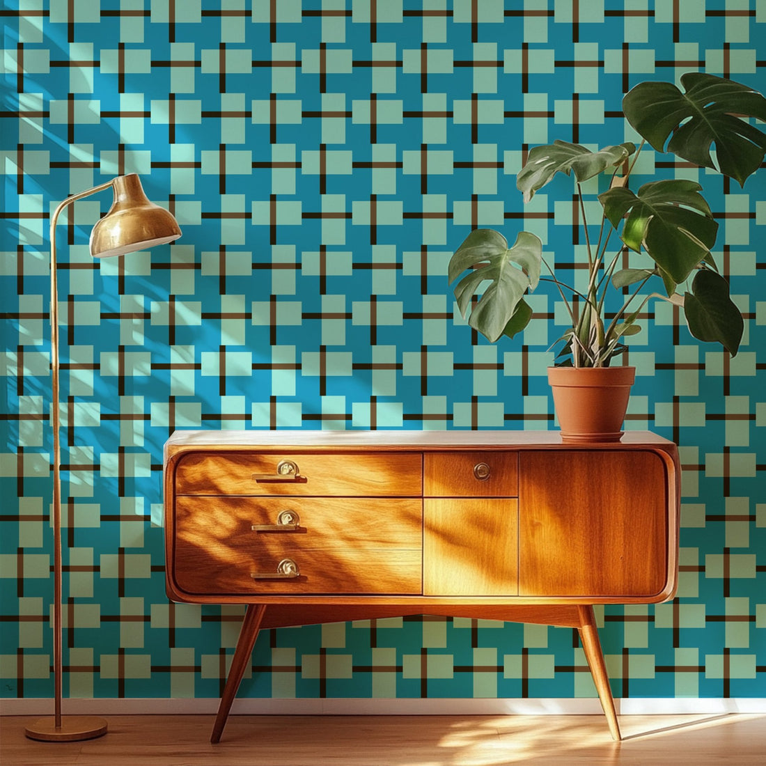 Non Trad Rad Retro Plaid Modern Wallpaper in Blue and Mint Green