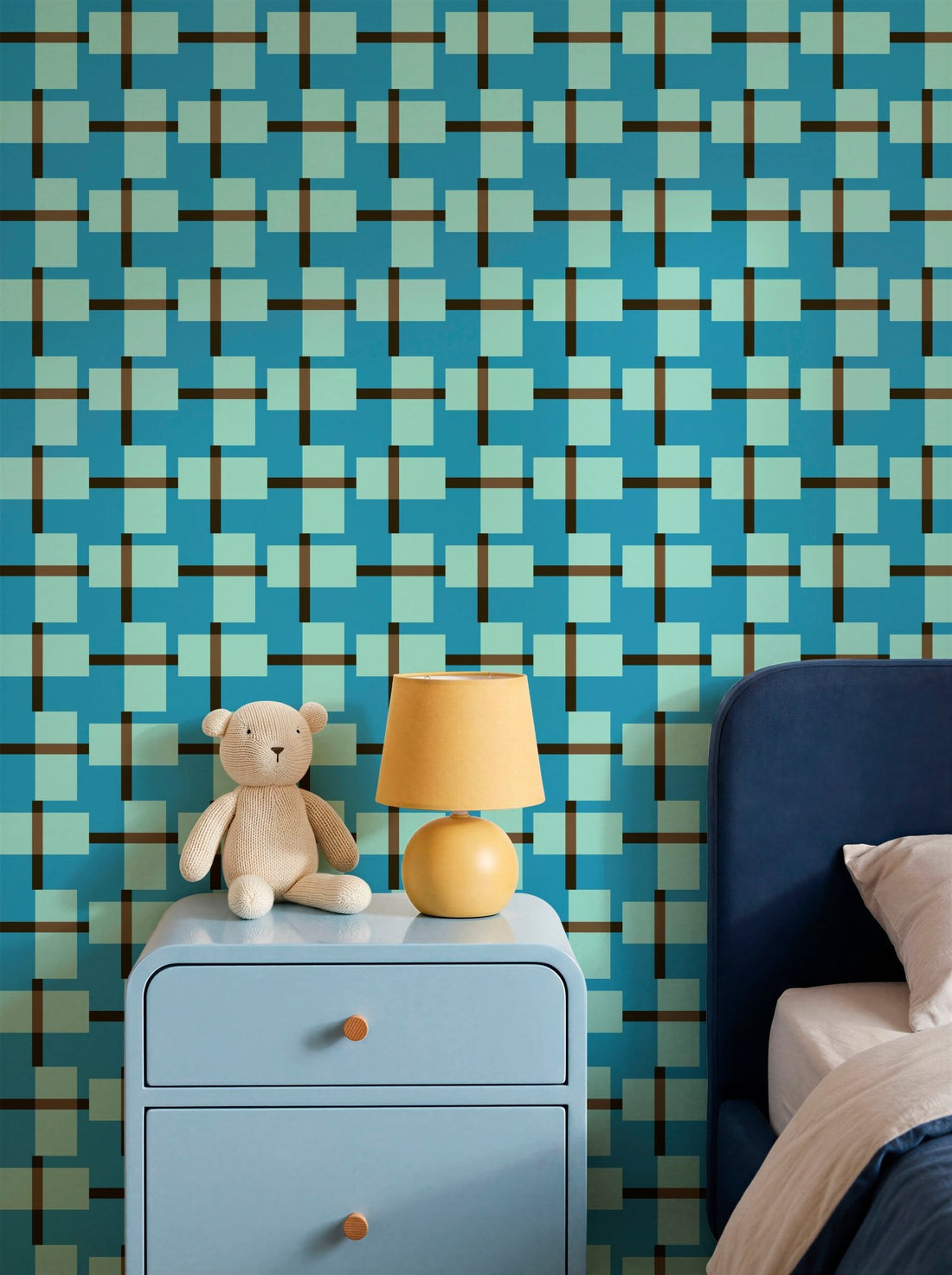 Non Trad Rad Retro Plaid Modern Wallpaper in Blue and Mint Green