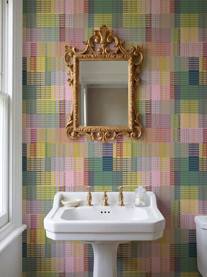 Queenslander Retro Plaid Wallpaper | Pink, Sage &amp; Yellow Woven Grid
