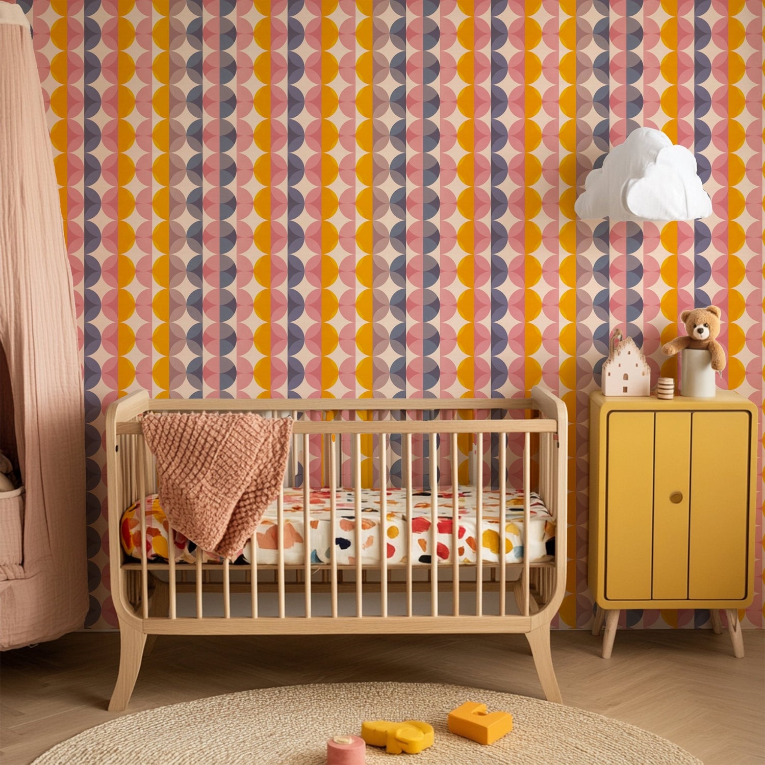 Pink Orange Retro Modern Nursery Wallpaper | Kids Room Wall Decor | Mid-Century Children&