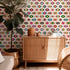 Retro eyeball wallpaper by Victoria Bright Home — boho fig plant room mockup, cropped half scale