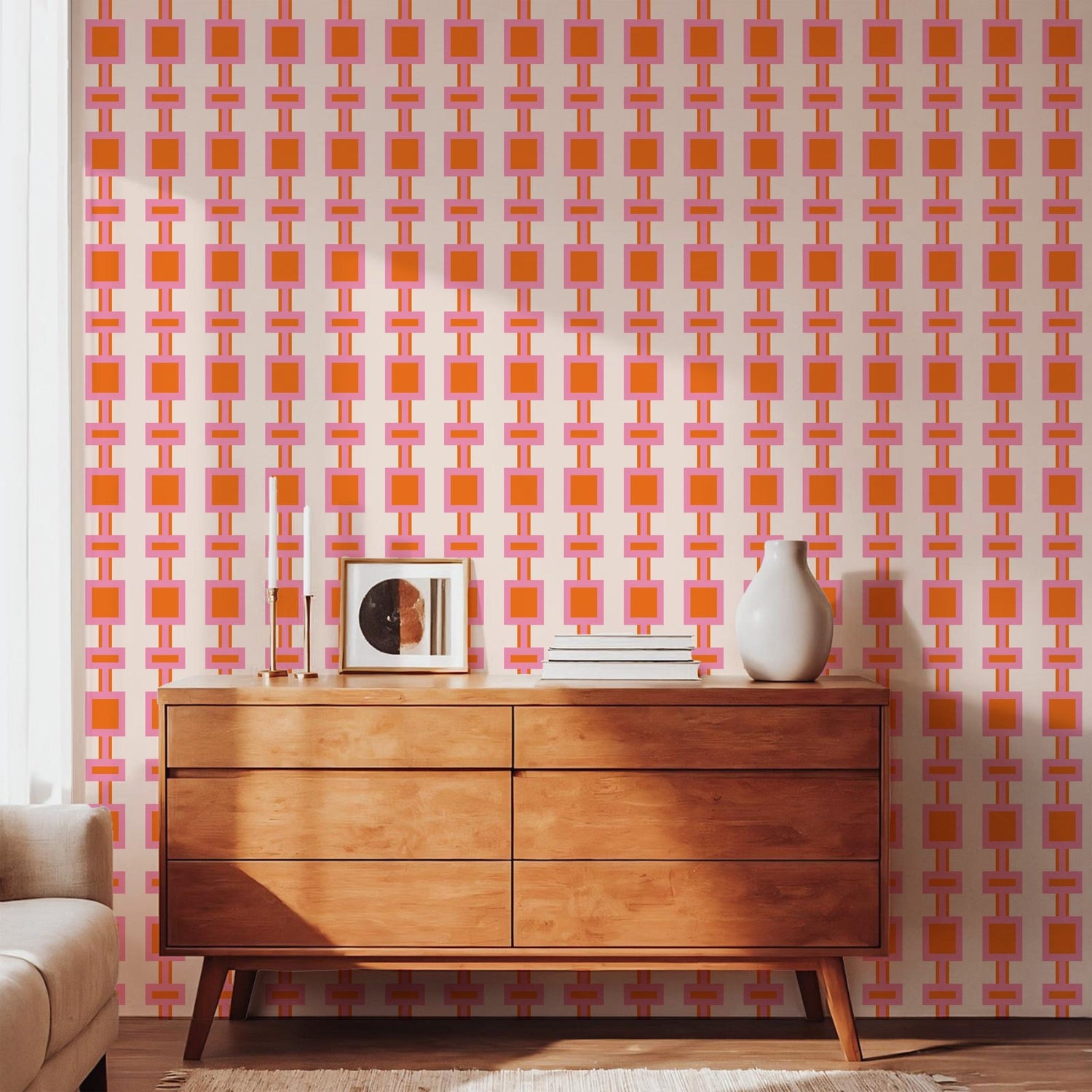 diva pink and orange mid century modern wallpaper in a living room