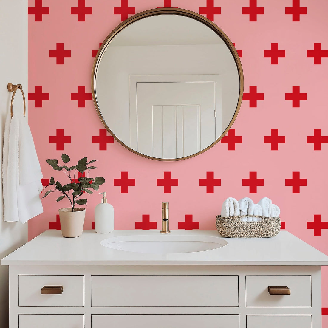 Swiss Cross Bold Colorful Wallpaper in Electric Blue, Bright Orange, Pink and Olive