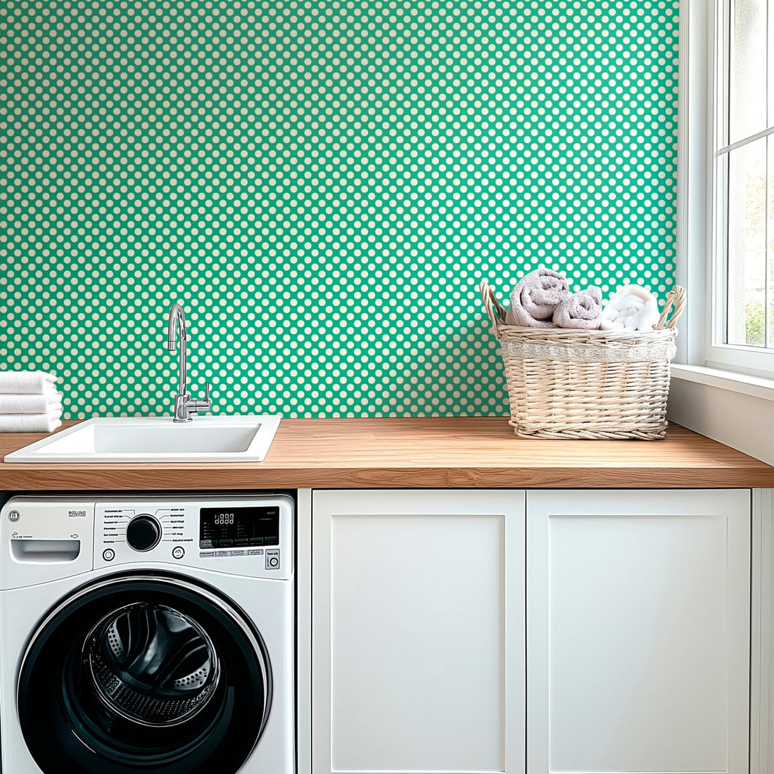 Modernist Mini Dot Wallpaper in Nostalgic Colors for Mid Century Modern Decor - Wallpaper | Victoria Bright Home - Colorful Modern Wallpaper For Your Home - - bedroom,blue,dining,dots,feminine,green,kids,kitchen,mid century,modern,nursery,office,red,retro,sixties,yellow