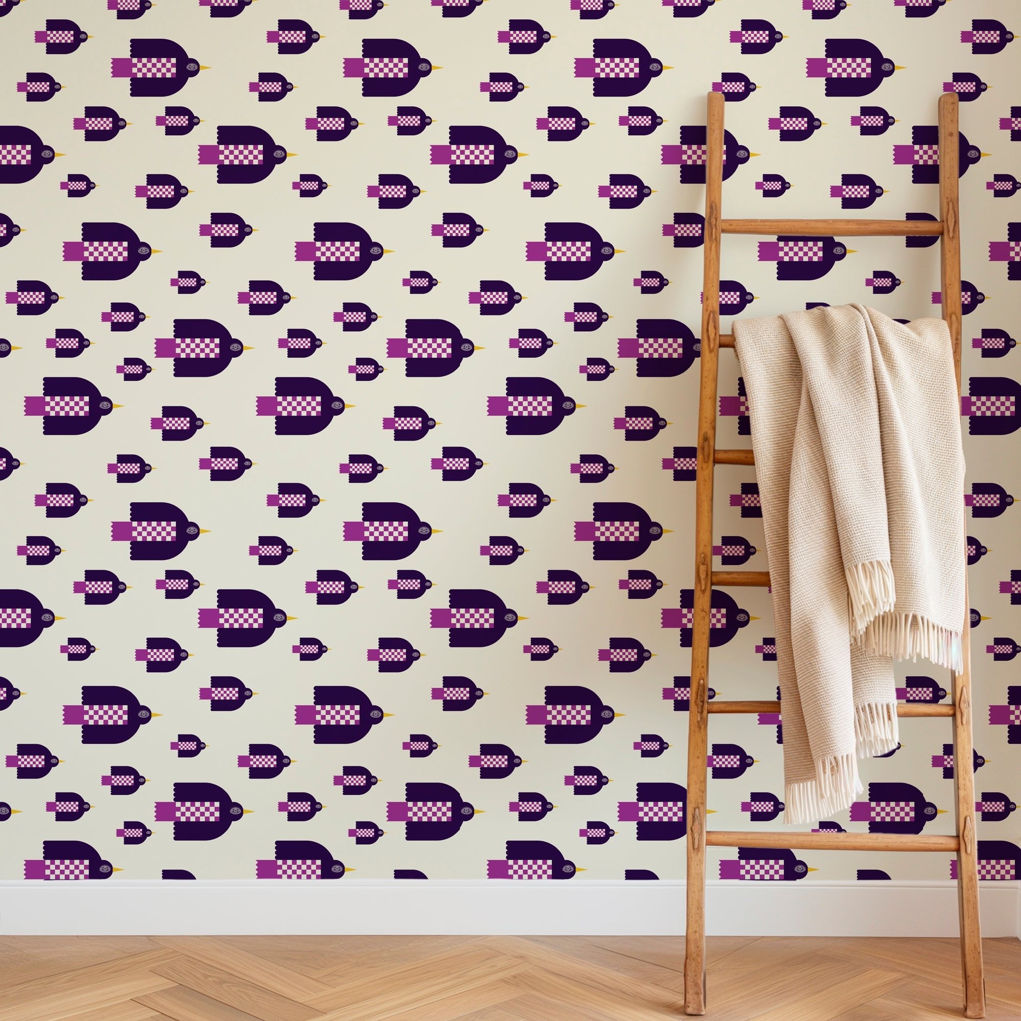 Folk Art Bird Wallpaper for a Country Living Inspired Decor Theme