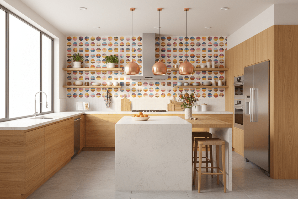 Madras Plaid Wallpaper in Modern Kitchen with Wood Accents