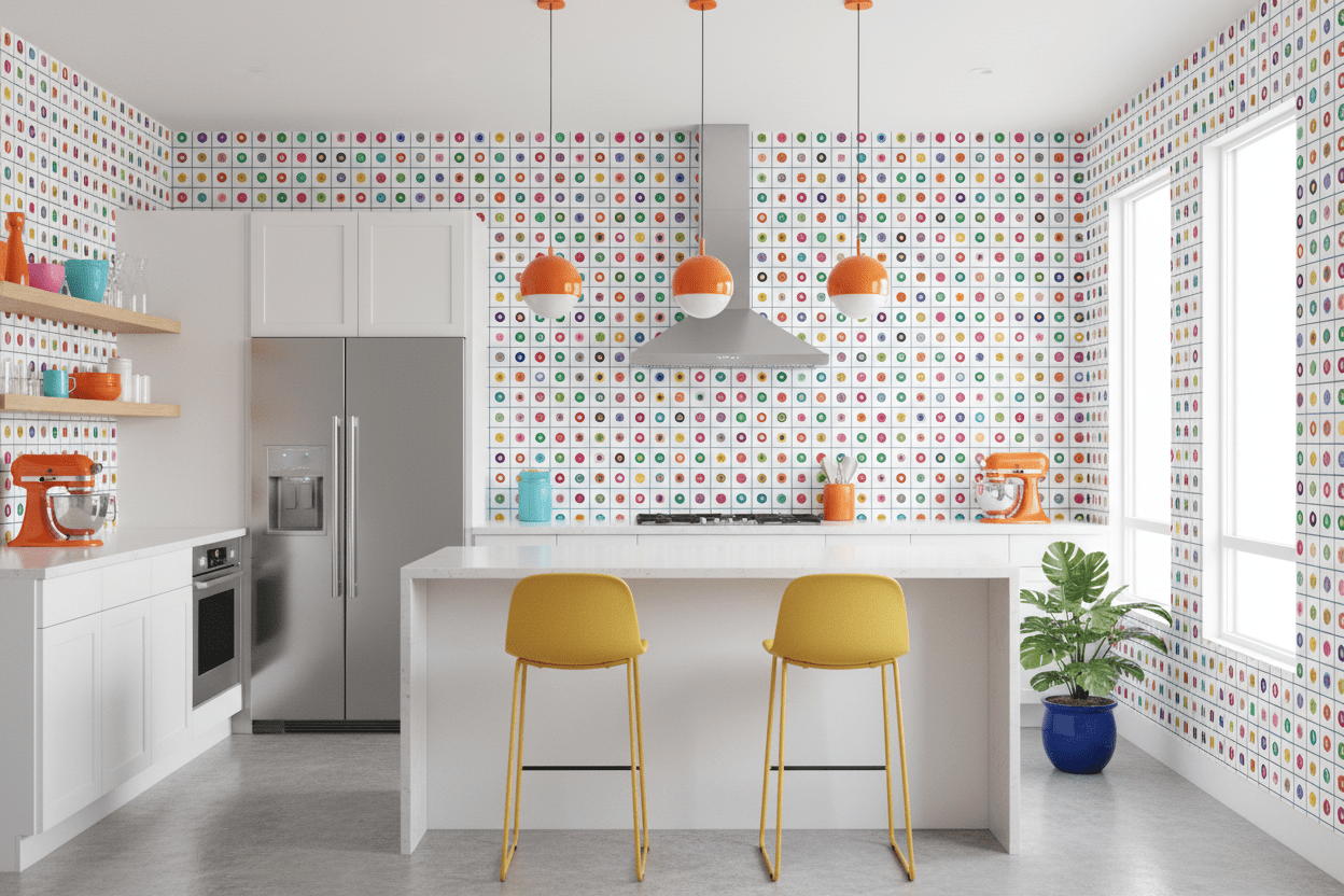 Modern kitchen with detailed pop art wallpaper