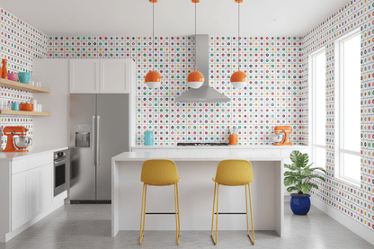 Modern kitchen with detailed pop art wallpaper