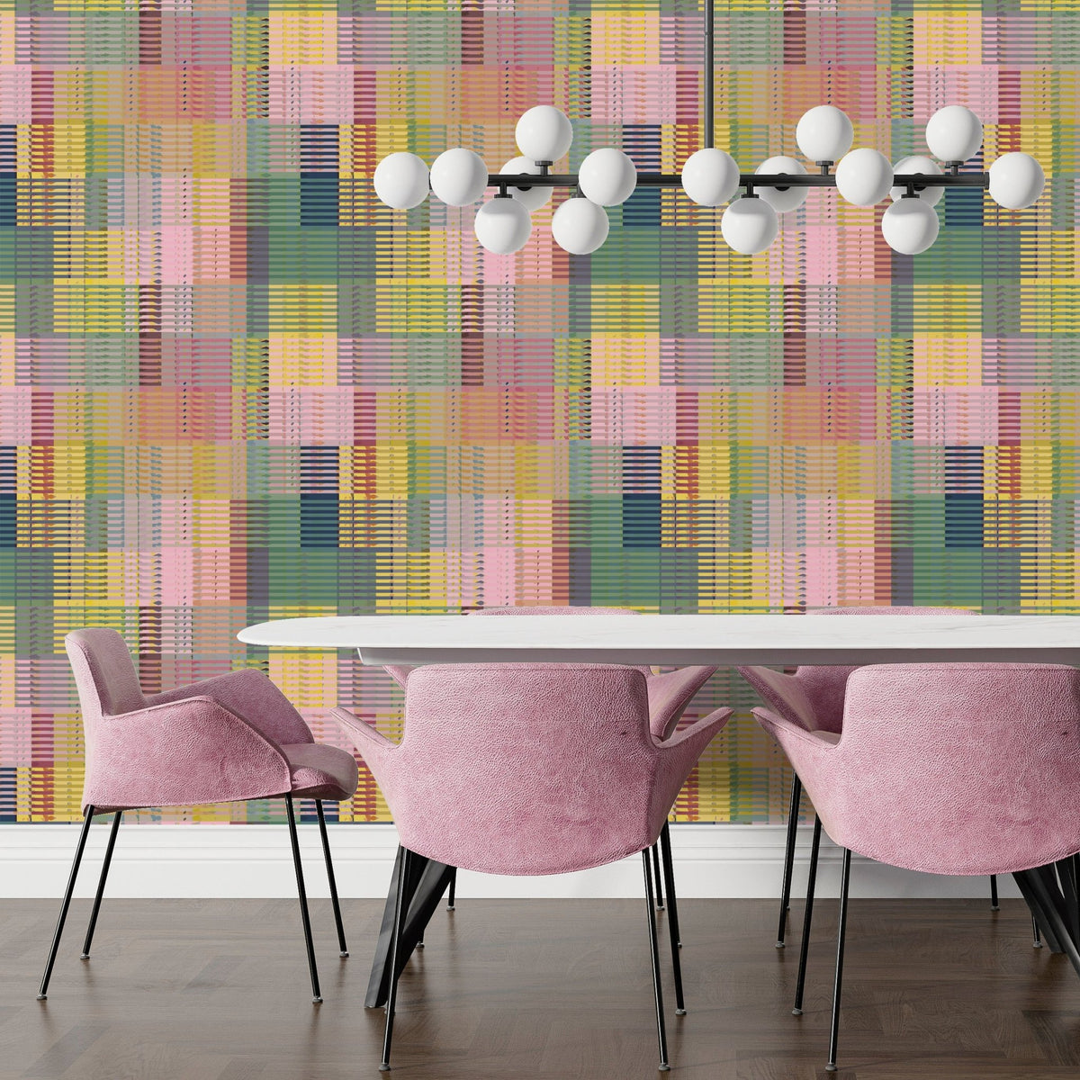 Queenslander Retro Plaid Wallpaper | Pink, Sage &amp; Yellow Woven Grid