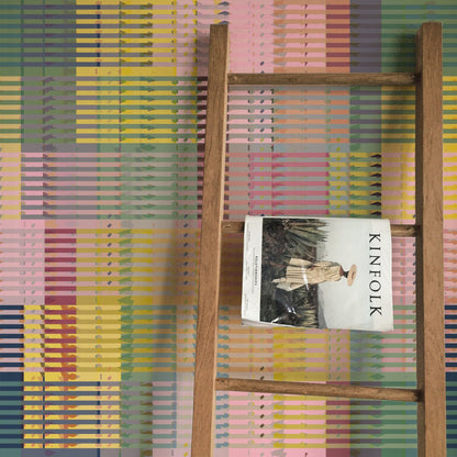 Queenslander Retro Plaid Wallpaper | Pink, Sage &amp; Yellow Woven Grid