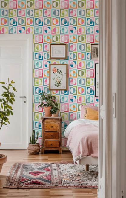 Shaken Not Stirred Retro Geometric Wallpaper | Circle Checkerboard Pattern