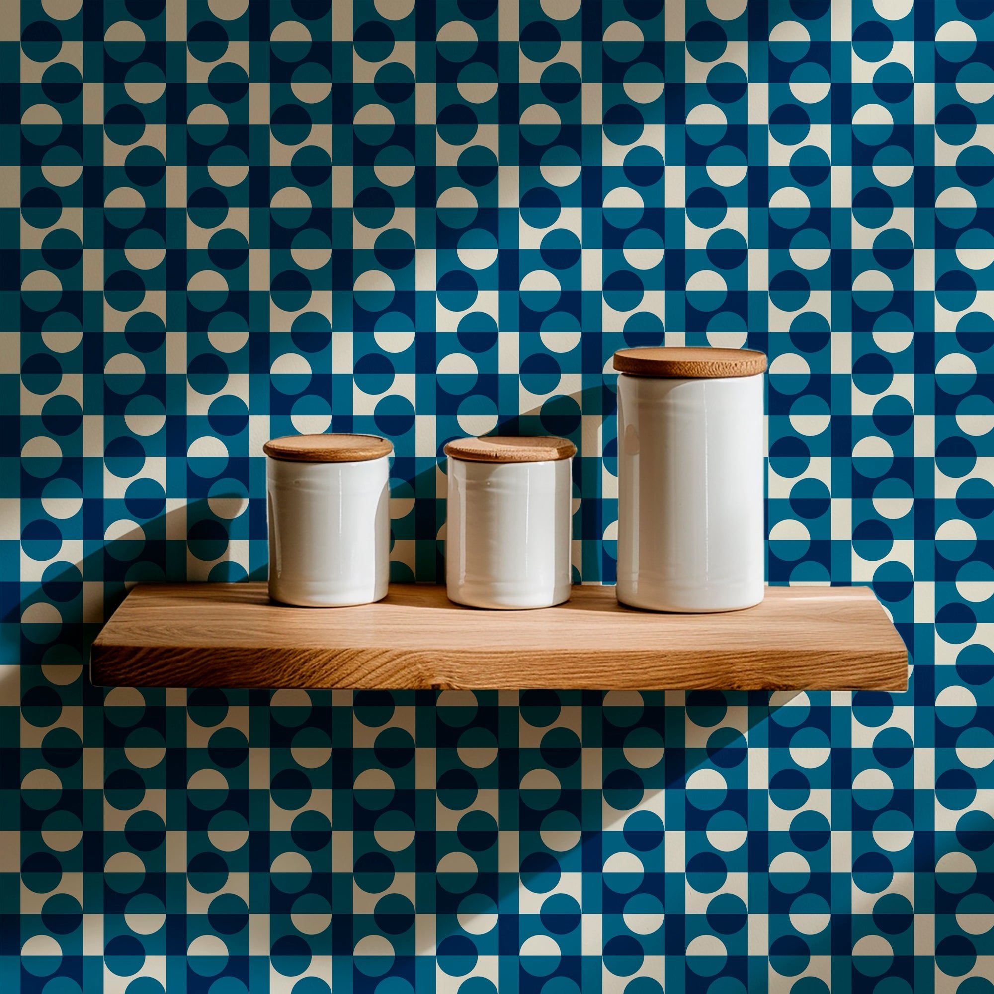 Japanese Aesthetic Tiny Tokyo Blue Wallpaper - Wallpaper | Victoria Bright Home - Colorful Modern Wallpaper For Your Home - - asian-inspired,bedroom,blue,checkered,dots,japandi,japanese,kitchen,modern
