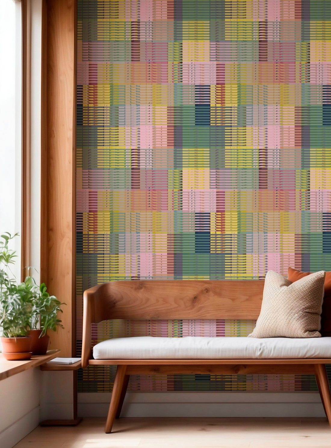 Queenslander Retro Plaid Wallpaper | Pink, Sage &amp; Yellow Woven Grid
