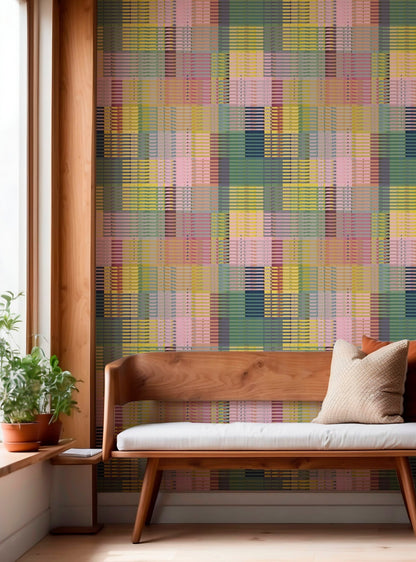Queenslander Retro Plaid Wallpaper | Pink, Sage &amp; Yellow Woven Grid