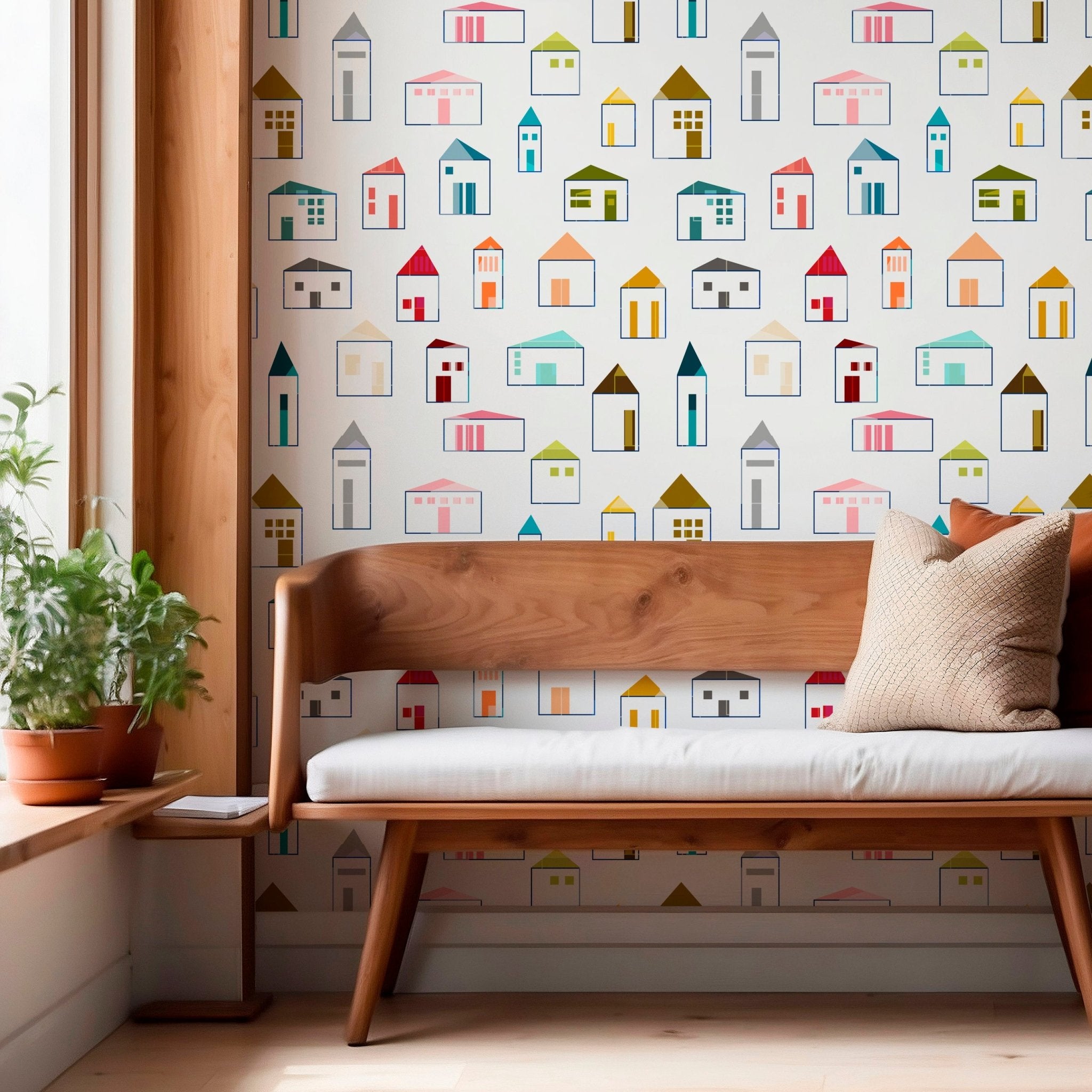 Folk Art Houses Wallpaper for Modern Kitchen or Accent Wall