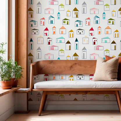 Folk Art Houses Wallpaper for Modern Kitchen or Accent Wall